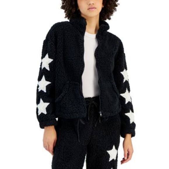 Crave Fame Juniors Black & White Stars Patchwork Zip Up Sherpa Jacket - Picture 1 of 1